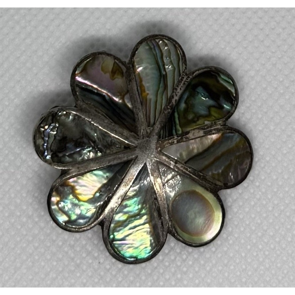 Sterling Abalone‎ Inlay Flower Pinwheel Brooch Pendant Signed 925 Mexico